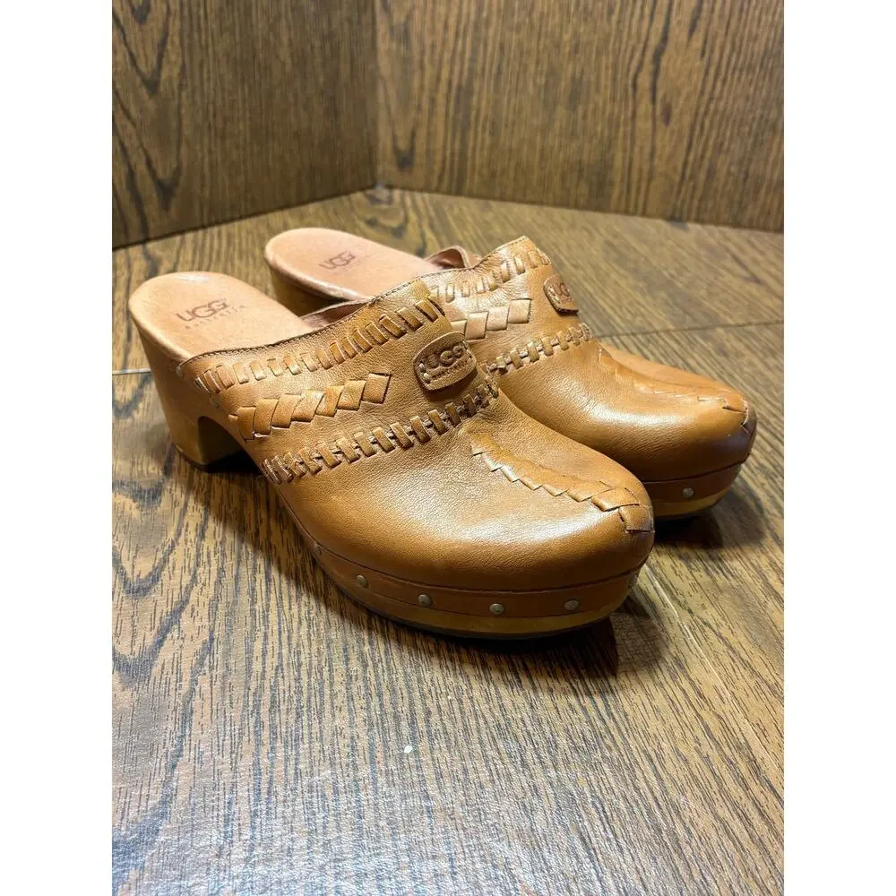 UGG Brown Leather Vivica Clog/Mule Braided Detail Wood Platform Size 7 - Picture 16 of 16